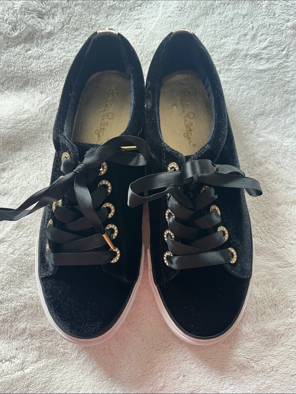 Lilly Pulitzer Black Velvet Ribbon Lace Sneakers with Gold Eyelets, 7.5